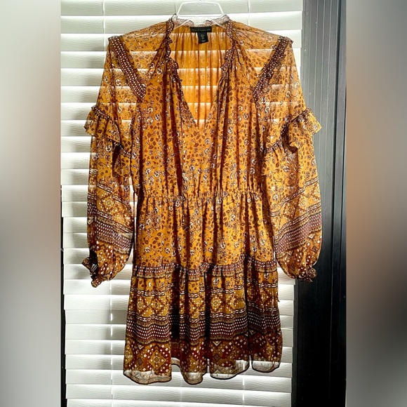 House of Harlow 1960 Boho Mini Dress - Sz Large - Mustard Brown - Floral- Ruffle - Picture 2 of 13